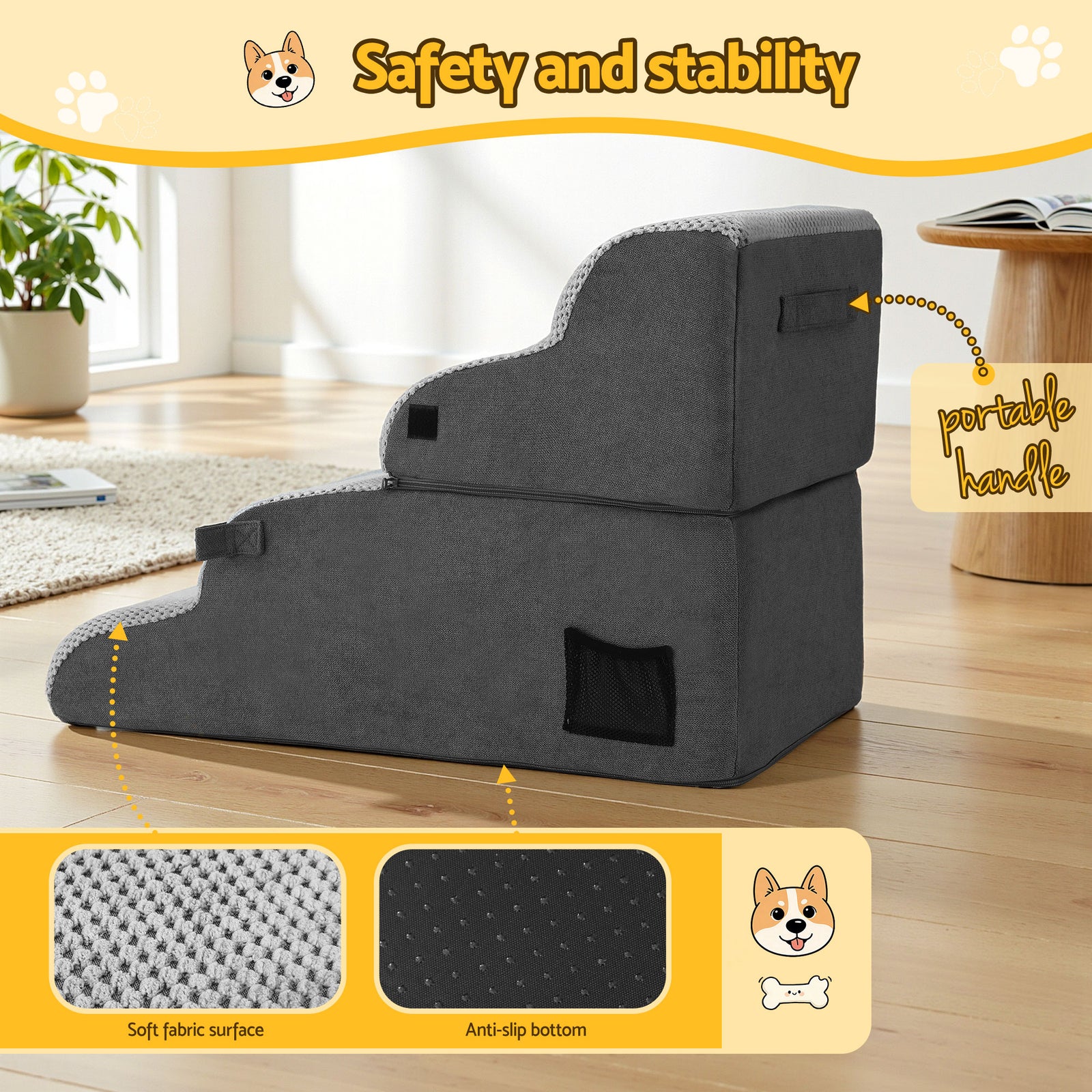 i.Pet Dog Stairs and Bed 2-in-1 Sofa Car Foam Non-Slip Washable Pet Stairs Indoor Grey