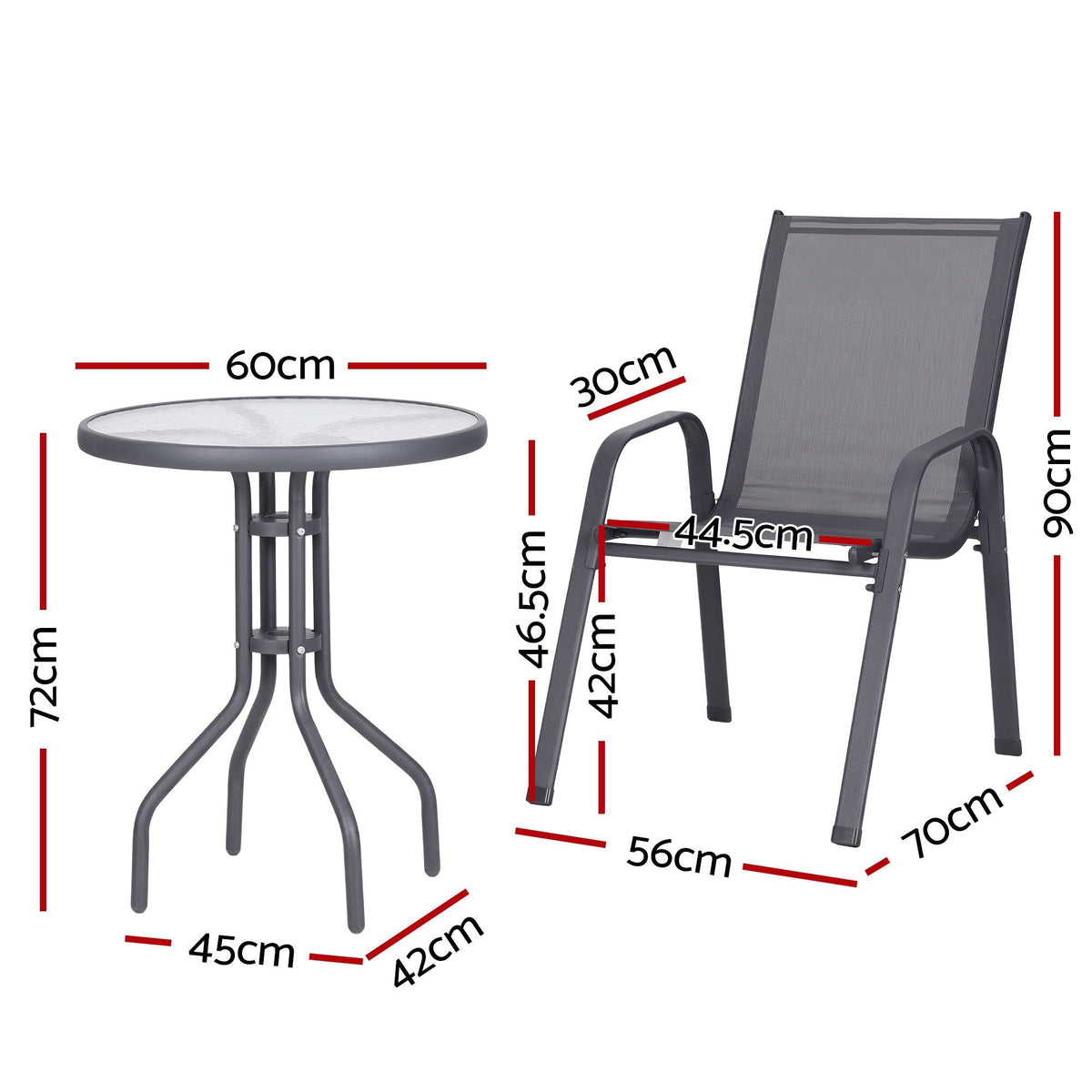 Gardeon 3PC Outdoor Bistro Set Table and Chairs Stackable Patio Furniture Grey