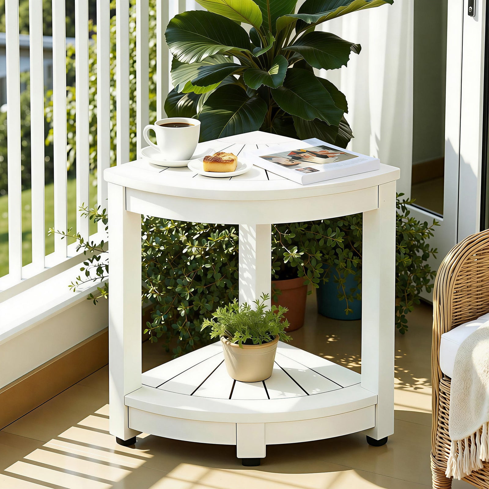 Gardeon Outdoor Coffee Side Table HDPE Desk Corner Shower Stool Bench Seat with Storage Shelf White