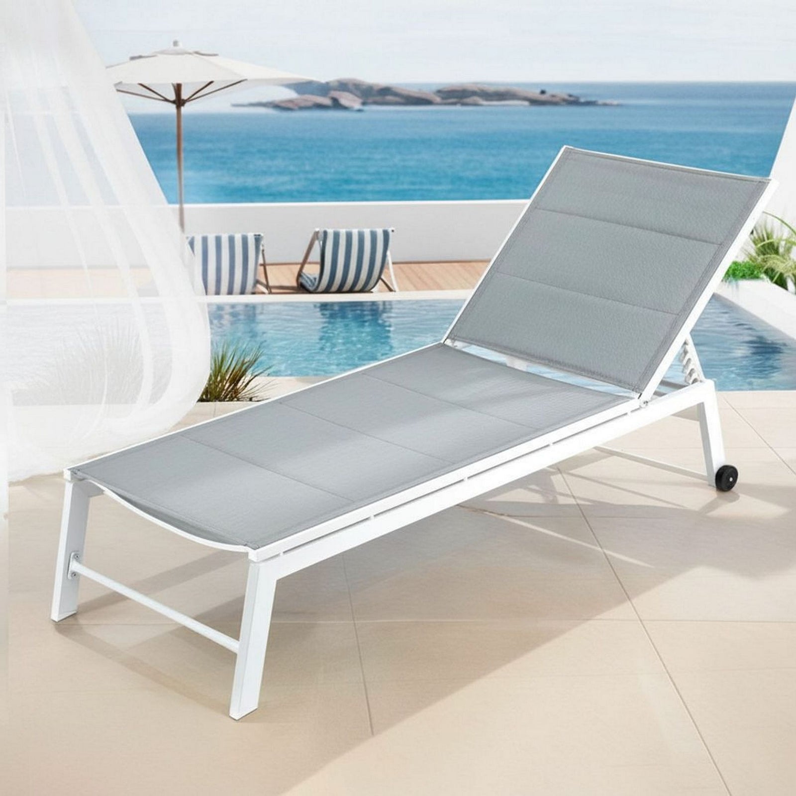 Gardeon 2PC Sun Lounger Chaise Lounge Wheels Patio Furniture Outdoor Setting White