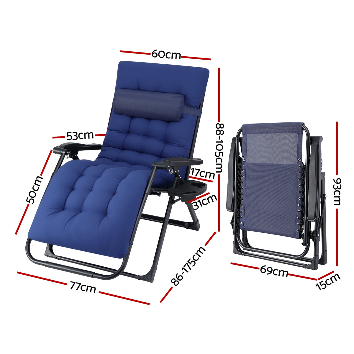 Gardeon Sun Lounge Lounger Folding Camping Zero Gravity Chair Outdoor Furniture XL Blue