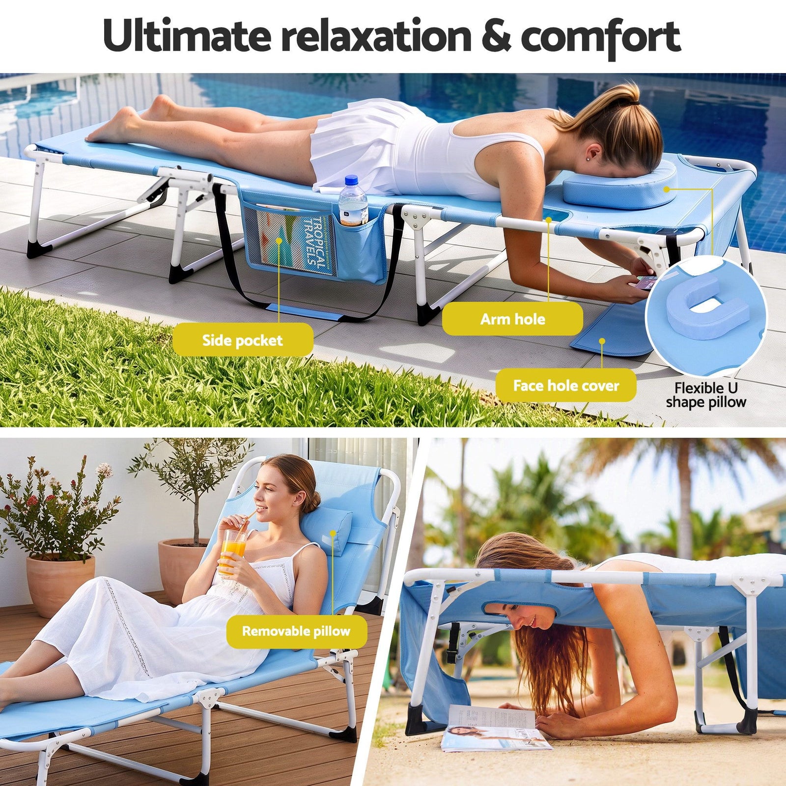 Gardeon Sun Lounger 5 Position Folding Tanning Chair with Face Hole Blue