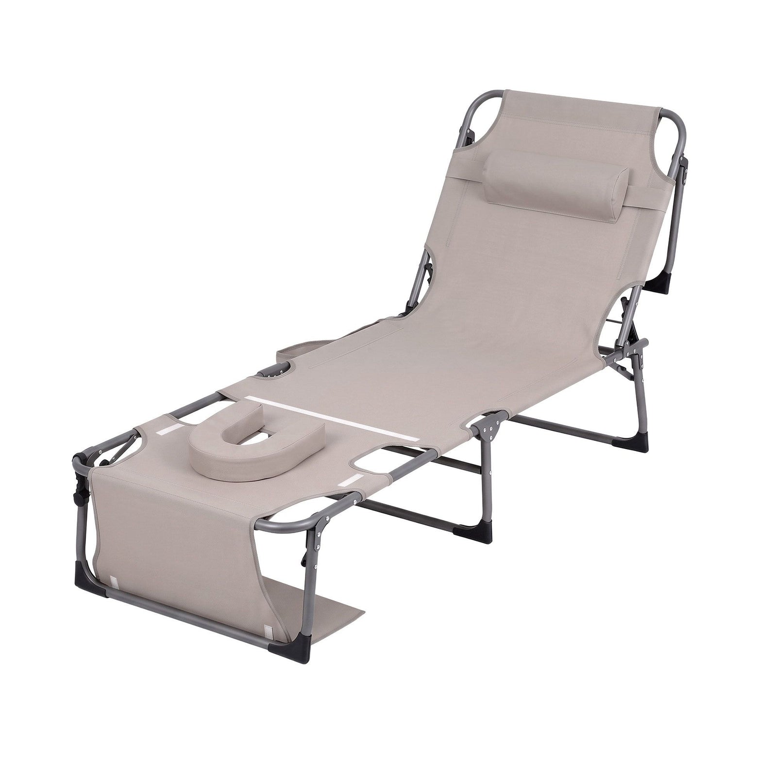Gardeon Sun Lounger 5 Position Folding Tanning Chair with Face Hole Khaki