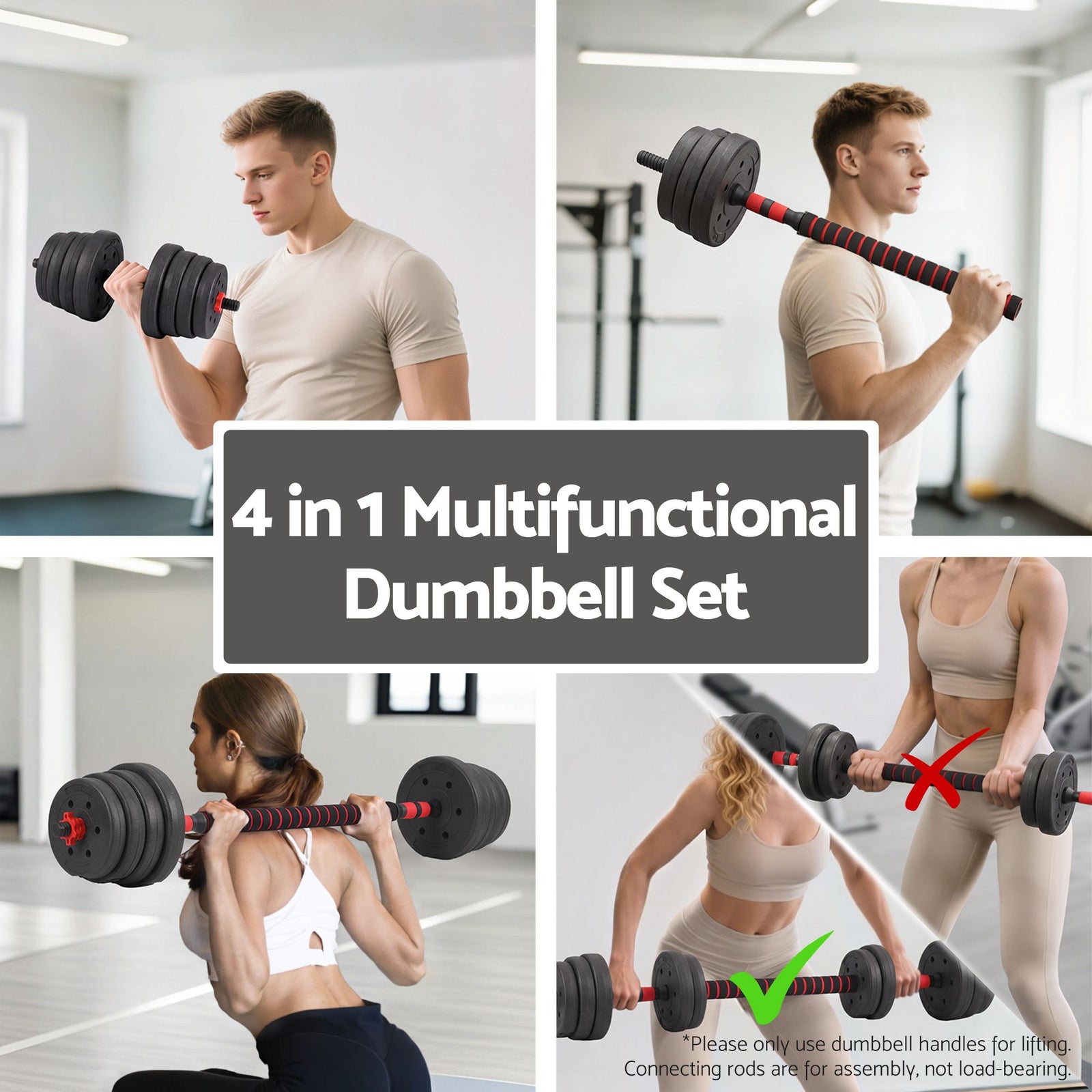 Everfit 30kg Adjustable Dumbbell Set 4in1 Barbell Weight Plates Home Workout