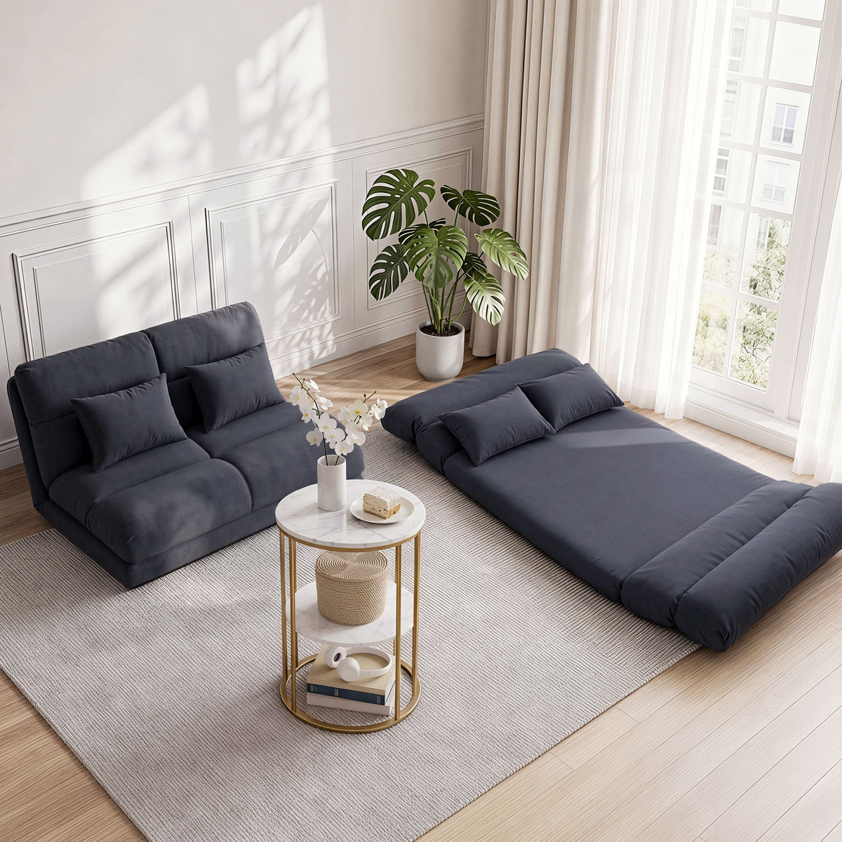 Artiss Floor Lounge Sofa Bed &amp; Coffee Table 2 Tier Marble Effect Side Table Set