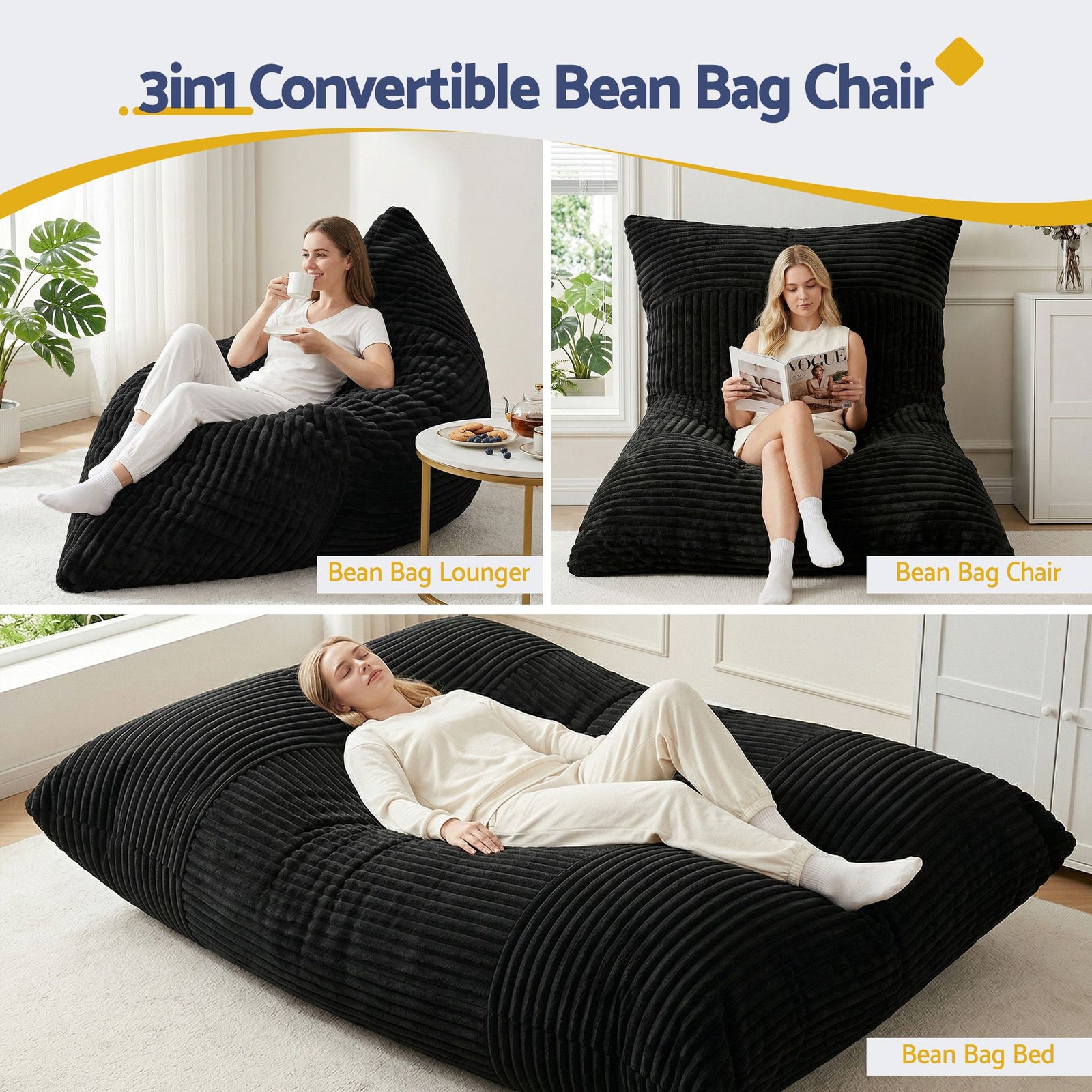 Artiss 3-in-1 Bean Bag Chair for Living Room Convertible Floor Sofa Dark Grey