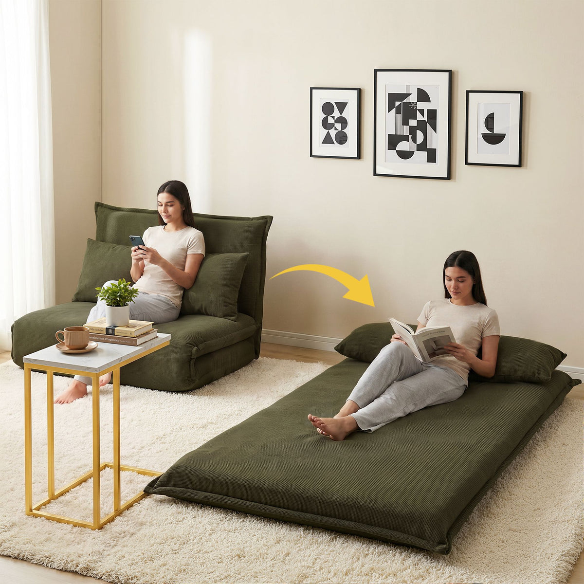 Artiss Floor Lounge Sofa Bed Folding Chaise Chair Green &amp; Coffee Table Side Table Marble Effect