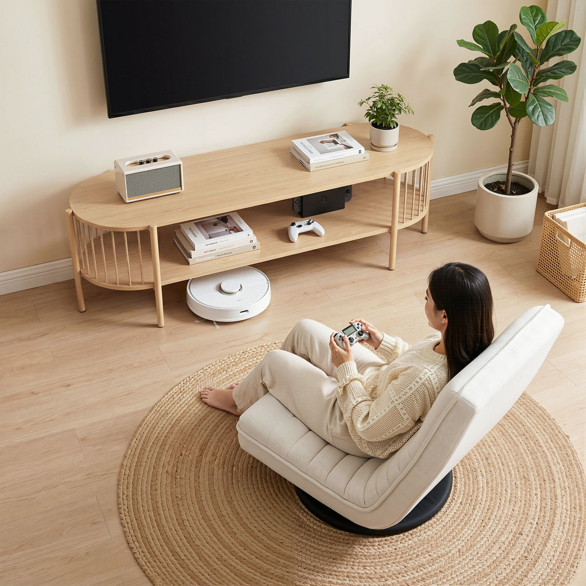 Artiss Swivel Floor Chair &amp; TV Entertainment Unit with Storage Shelf Set