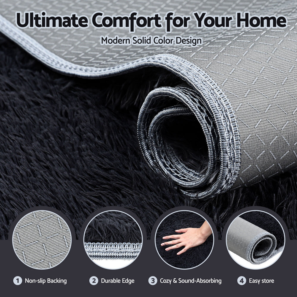 Artiss Floor Rug 200x230cm Plush Area Shaggy Rug Living Room Bedroom Carpet Black