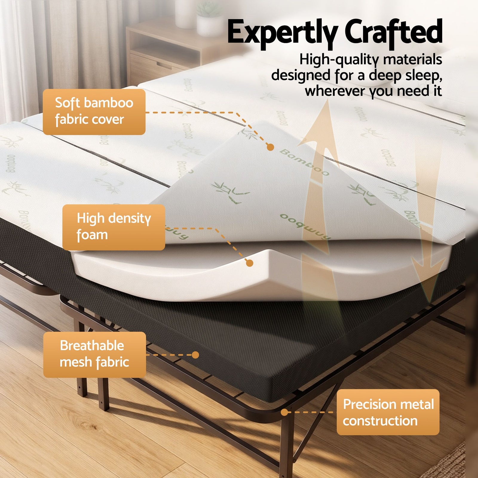 Giselle Double Folding Bed with Mattress 4 Fold Metal Frame Guest Bed Bamboo Cover
