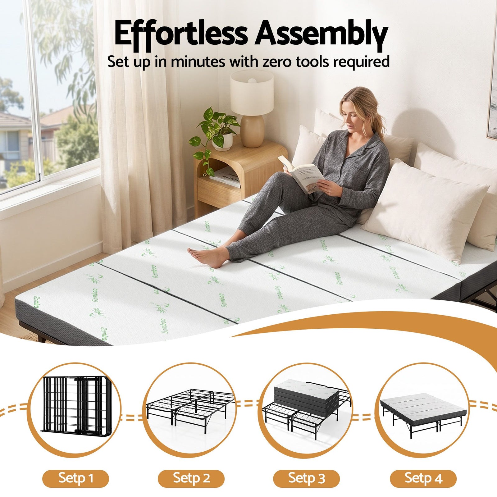 Giselle Double Folding Bed with Mattress 4 Fold Metal Frame Guest Bed Bamboo Cover