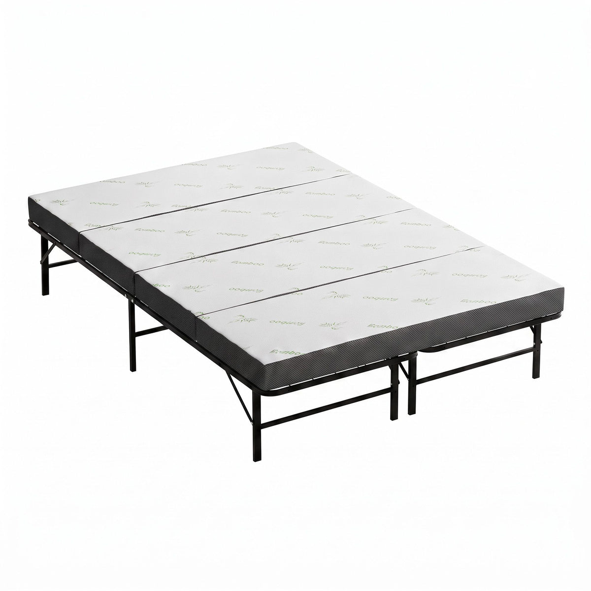 Giselle Double Folding Bed with Mattress 4 Fold Metal Frame Guest Bed Bamboo Cover