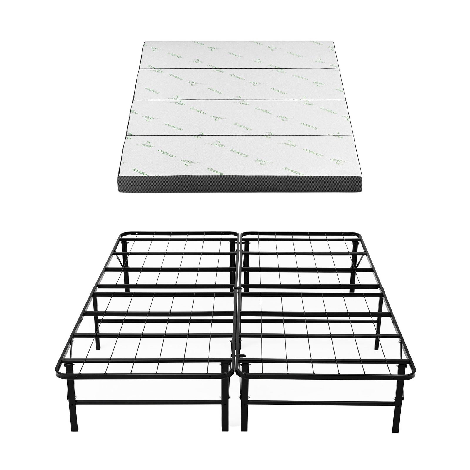 Giselle Double Folding Bed with Mattress 4 Fold Metal Frame Guest Bed Bamboo Cover