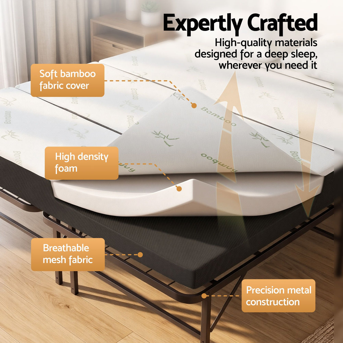 Giselle Queen Folding Bed with Mattress 4 Fold Metal Frame Guest Bed Bamboo Cover