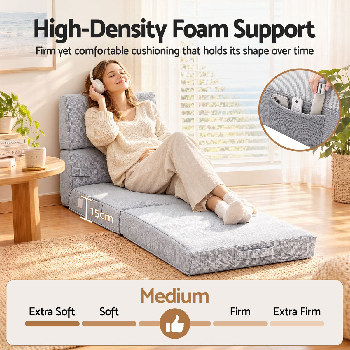 Giselle Folding Mattress Single 15cm Foldable 4-Fold Foam Chair Bed Storage Bag