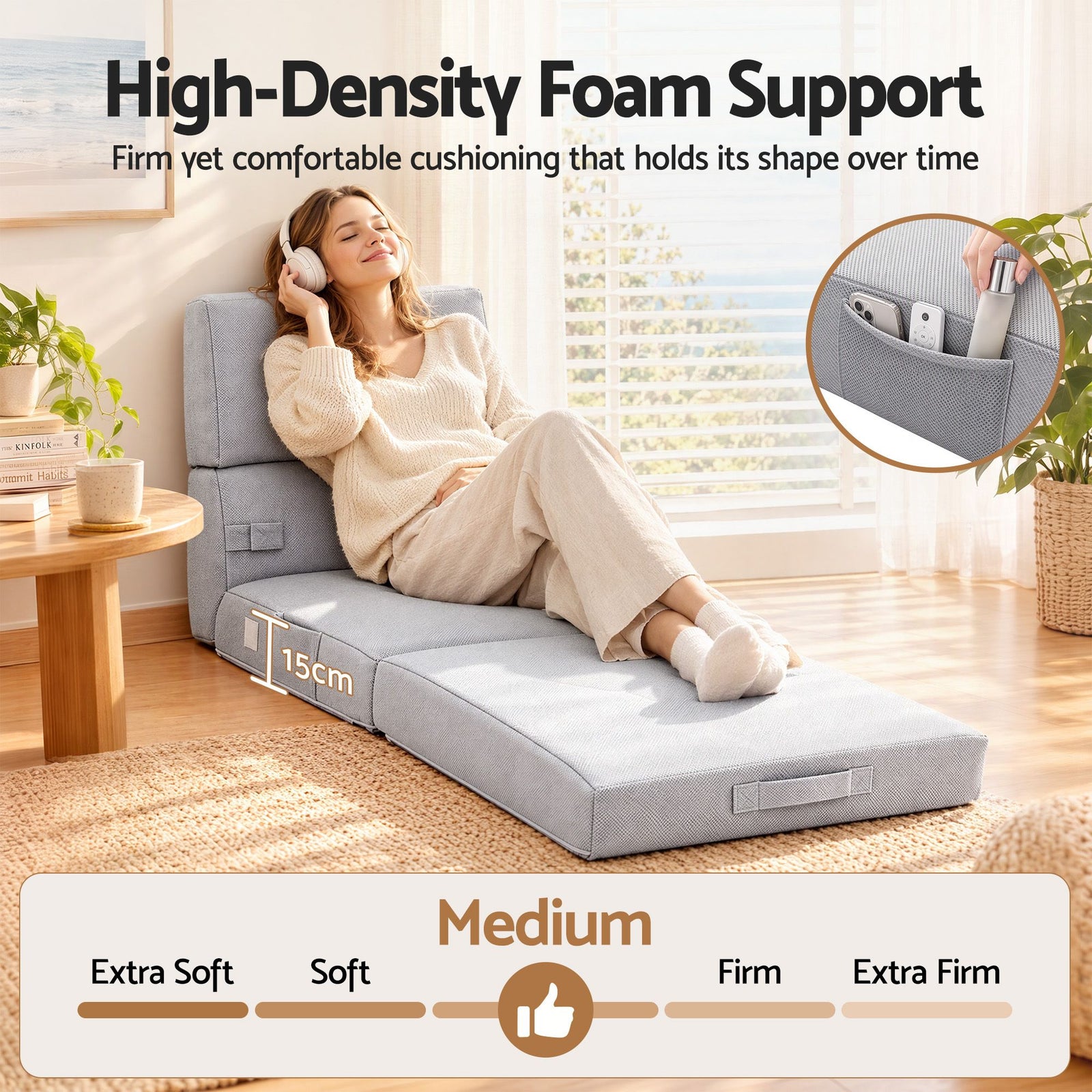 Giselle Folding Mattress Single 15cm Foldable 4-Fold Foam Chair Bed Storage Bag