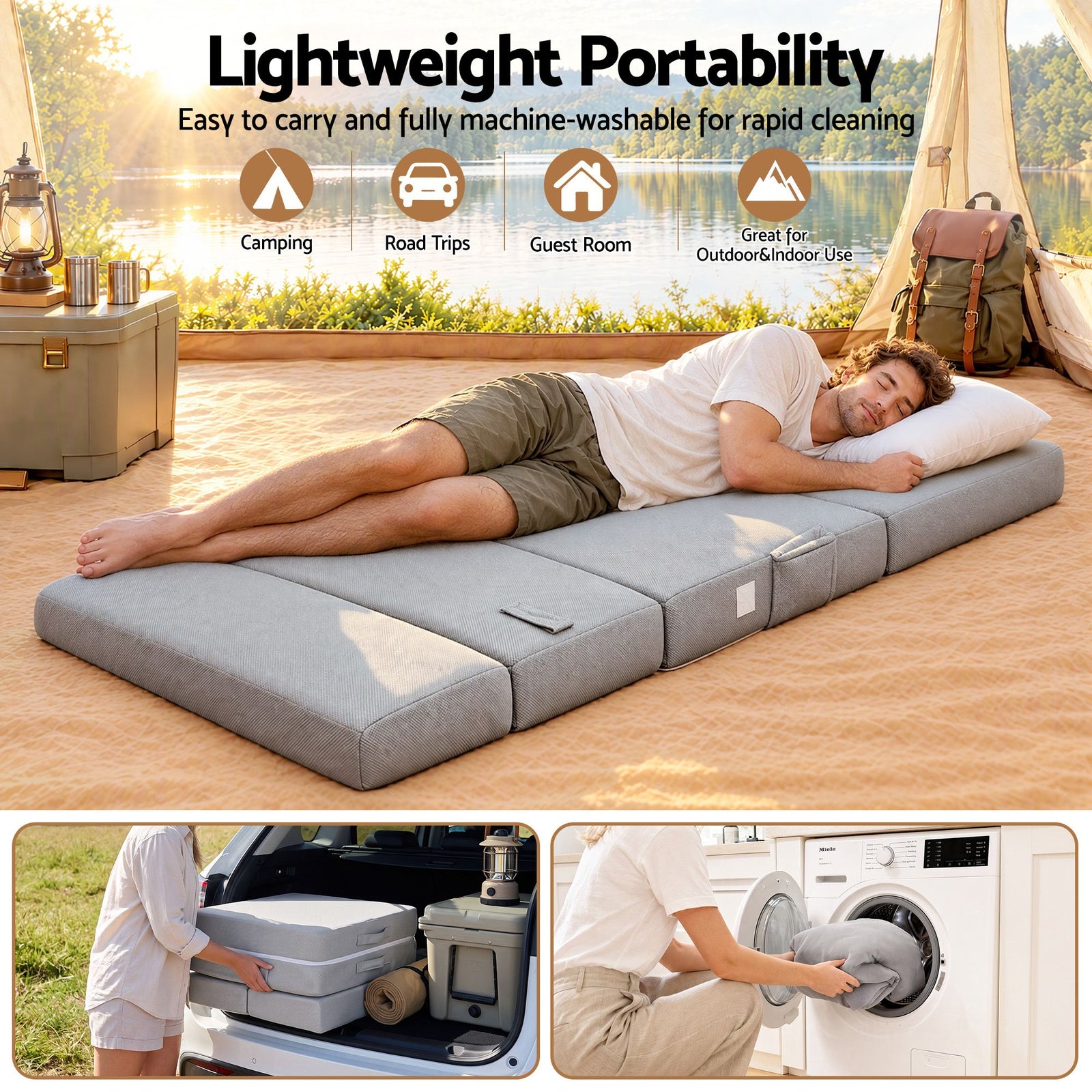 Giselle Folding Mattress Single 15cm Foldable 4-Fold Foam Chair Bed Storage Bag