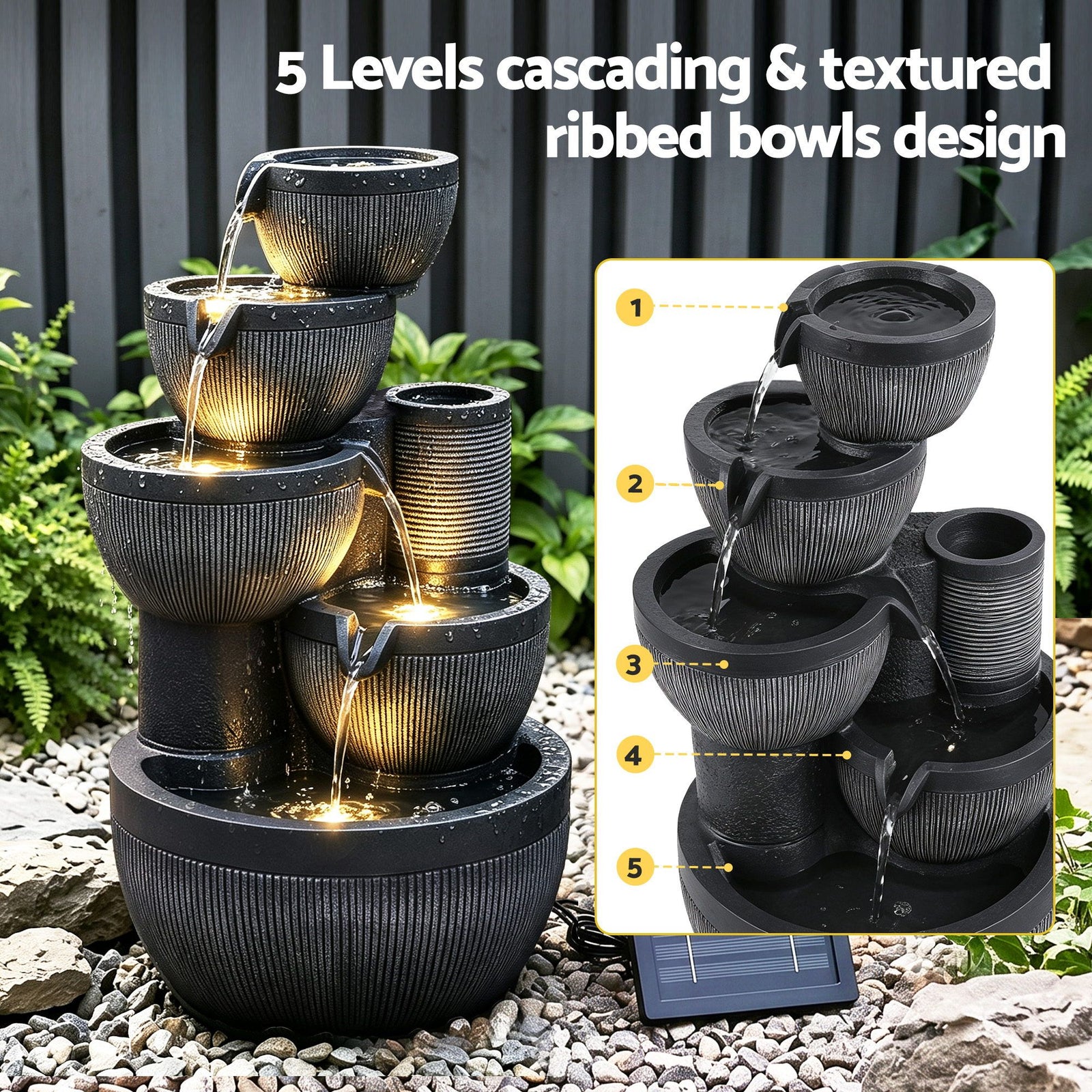 Gardeon Solar Fountain Water Feature 5-Tier Cascading Bowl Grey 51cm