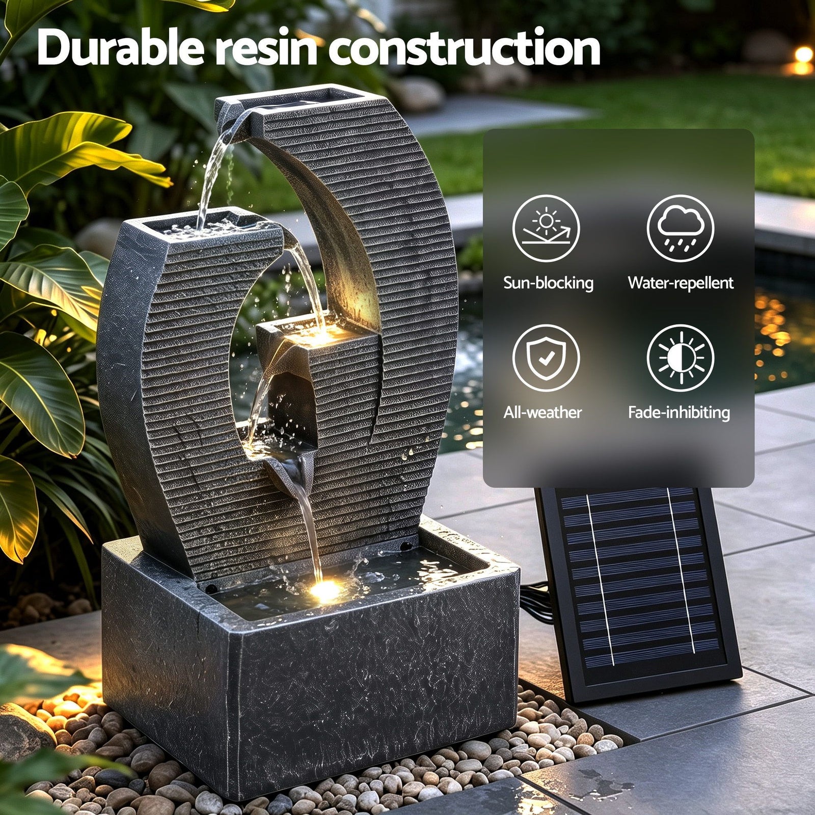 Gardeon Solar Fountain 5 Levels Cascading Water Feature Resin 50cm Black