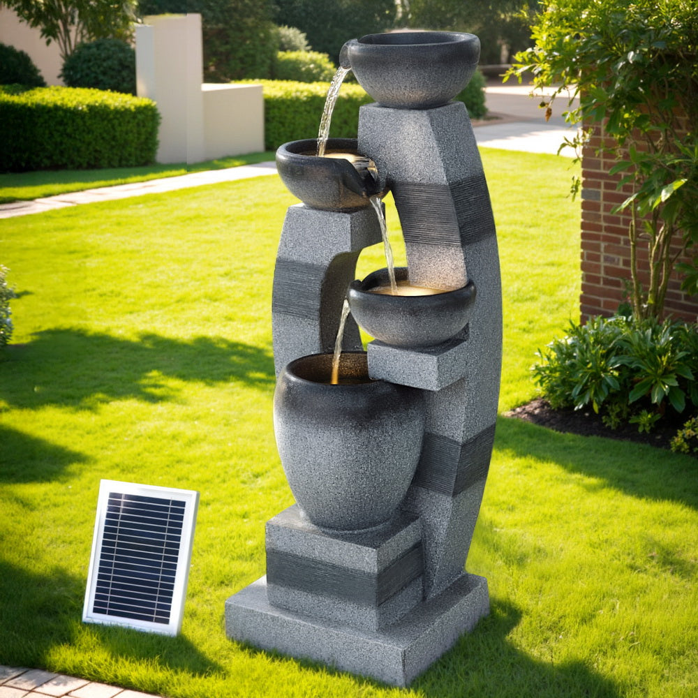 Gardeon Solar Fountain Water Feature Outdoor Fountain Indoor 4-Tier Bowl Cascading Grey