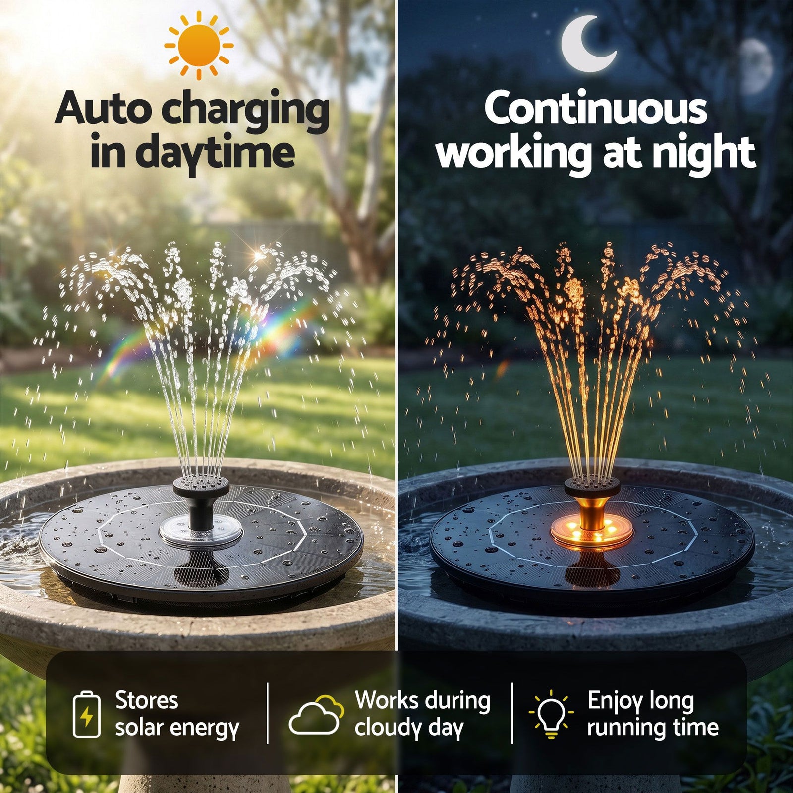 Gardeon Solar Fountain Pump Bird Bath LED Lights 165 L/h Flow 17cm Black