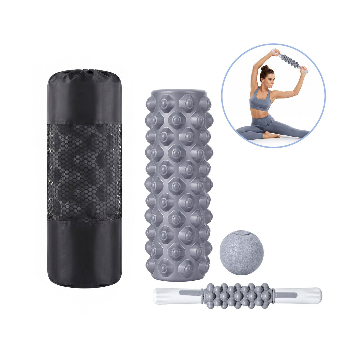 Everfit Foam Roller Set 3-in-1 with Targeted Recovery Muscle Roller Stick &amp; Deep Tissue Massage Ball, Heavy Duty 150KG Support Gym Roller for Back Pain Relief, Myofascial Release, Home Gym Exercise