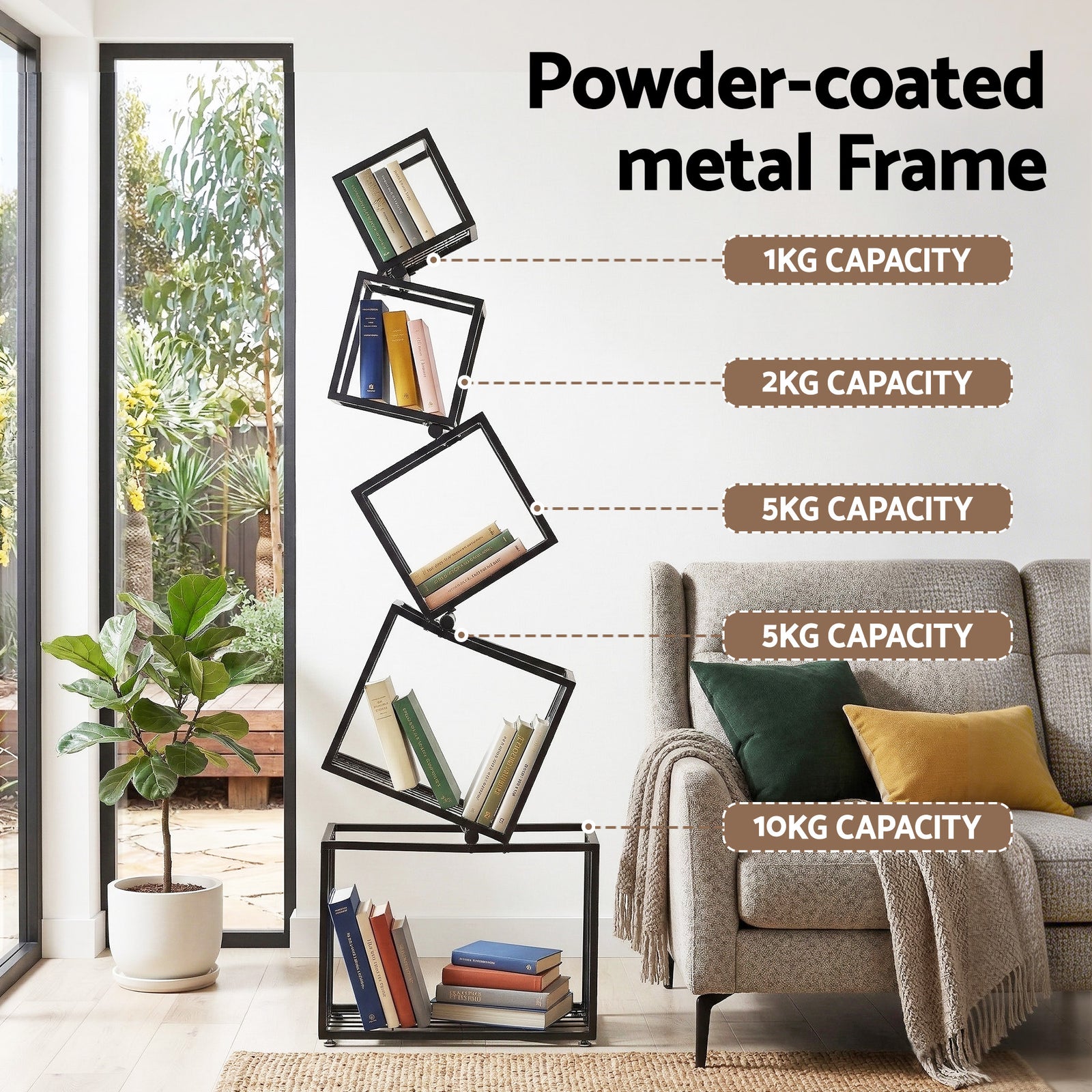Artiss 5-Tier Bookshelf Metal Geometric Display Shelf Storage Organizer Black