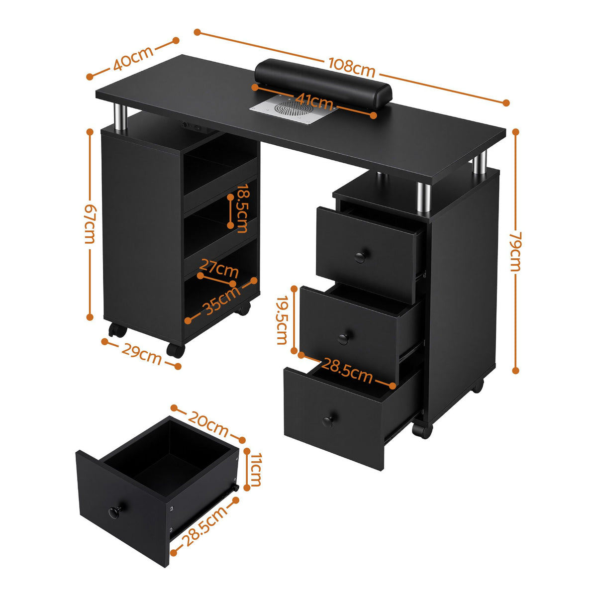 Artiss Manicure Table Nail Desk with Built-in Dust Collector Beauty Salon Station Drawers Shelves Wrist Cushion Wheels Black