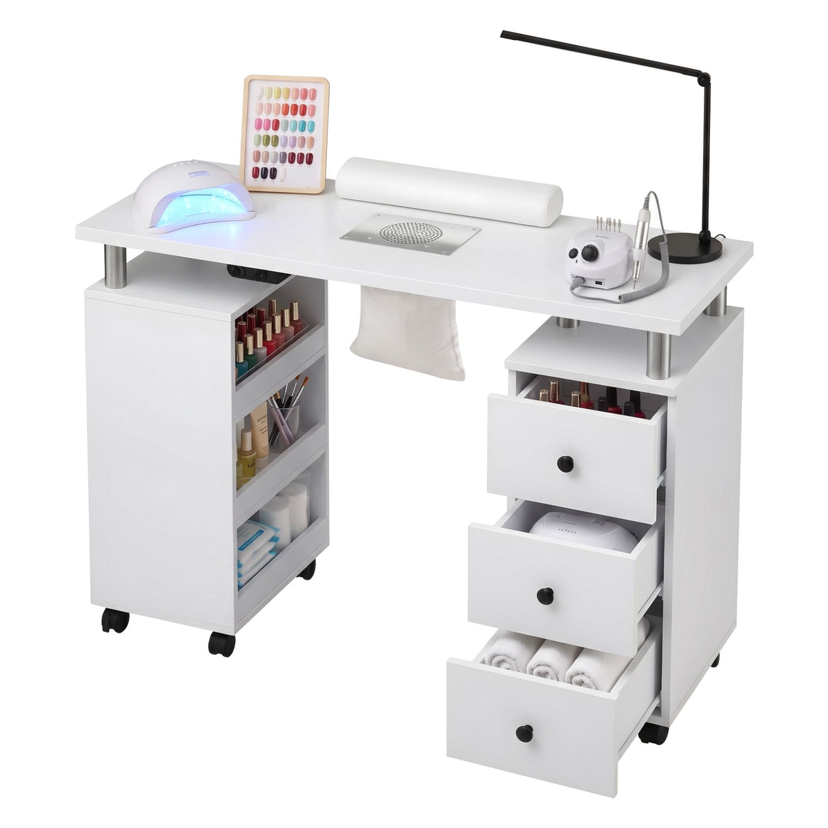 Artiss Manicure Table Nail Desk with Built-in Dust Collector Beauty Salon Station Drawers Shelves Wrist Cushion Wheels White