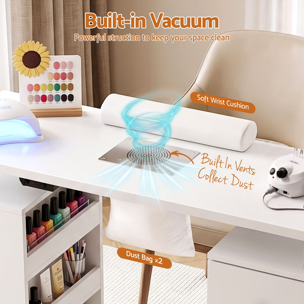 Artiss Manicure Table Nail Desk with Built-in Dust Collector Beauty Salon Station Drawers Shelves Wrist Cushion Wheels White