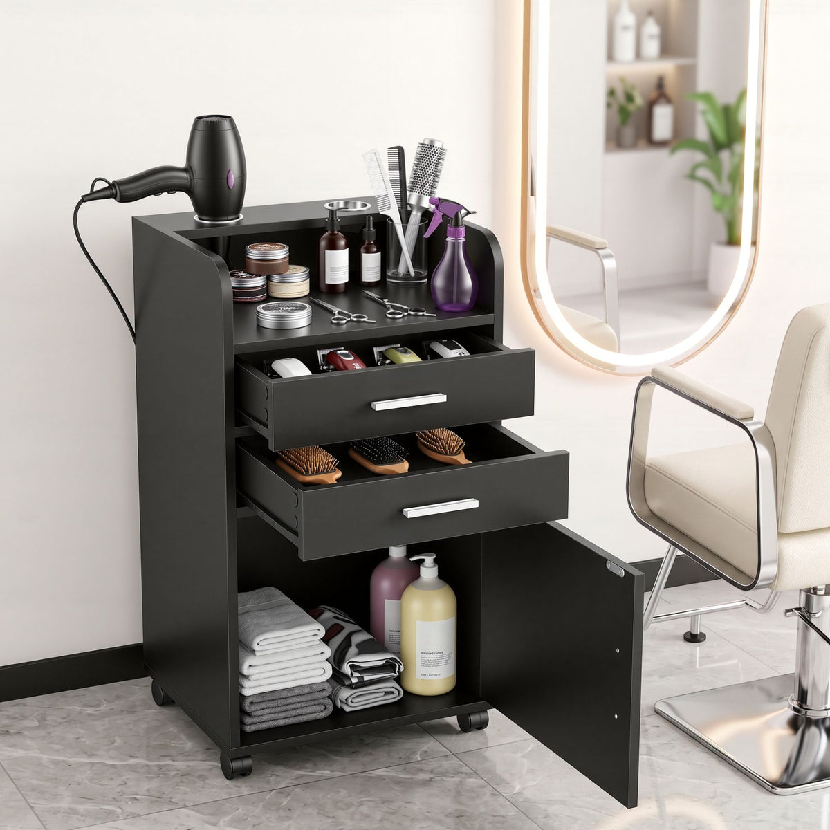 Artiss Professional Salon Station Rolling Cart, Hair Styling Beauty Cabinet with 2 Drawers &amp; 2 Appliance Holders, Wood Barber Spa Trolley with 360° Wheels for Skincare &amp; Vanity, Black