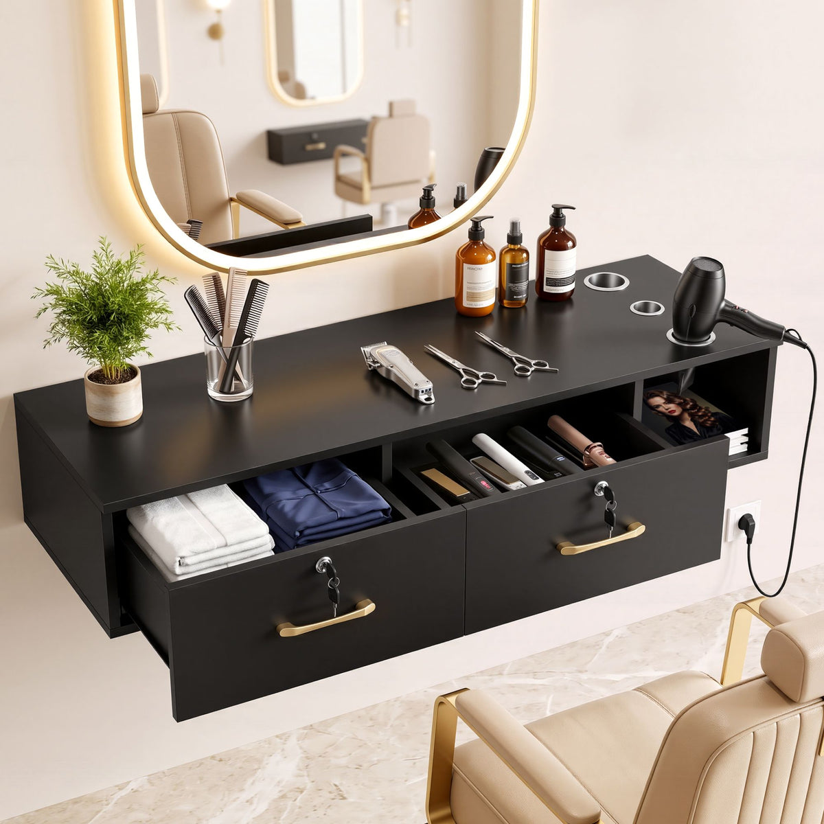 Artiss Wall Mounted Salon Station Cabinet, Hair Styling Station with 2 Lockable Drawers &amp; 3 Appliance Holders, Wooden Barber Spa Equipment for Vanity, Black
