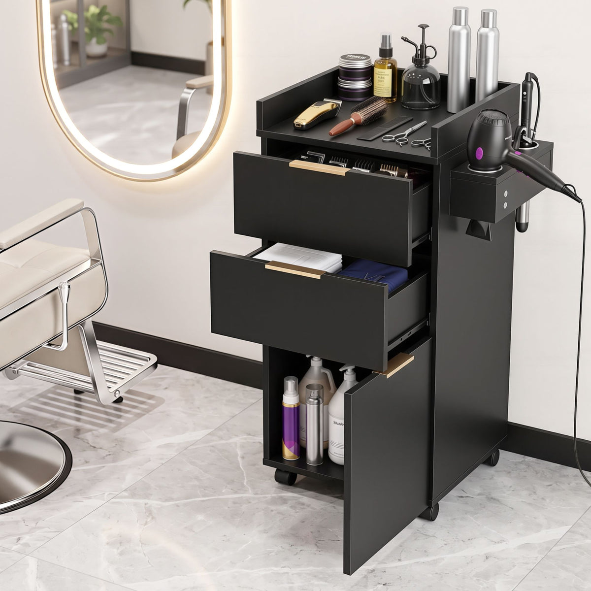Artiss Professional Salon Station Rolling Cart, Hair Styling Beauty Cabinet with 2 Drawers, Large Supply Cabinet &amp; 3 Appliance Holders, Wood Barber Spa Trolley with 360° Wheels for Skincare &amp; Vanity, Black