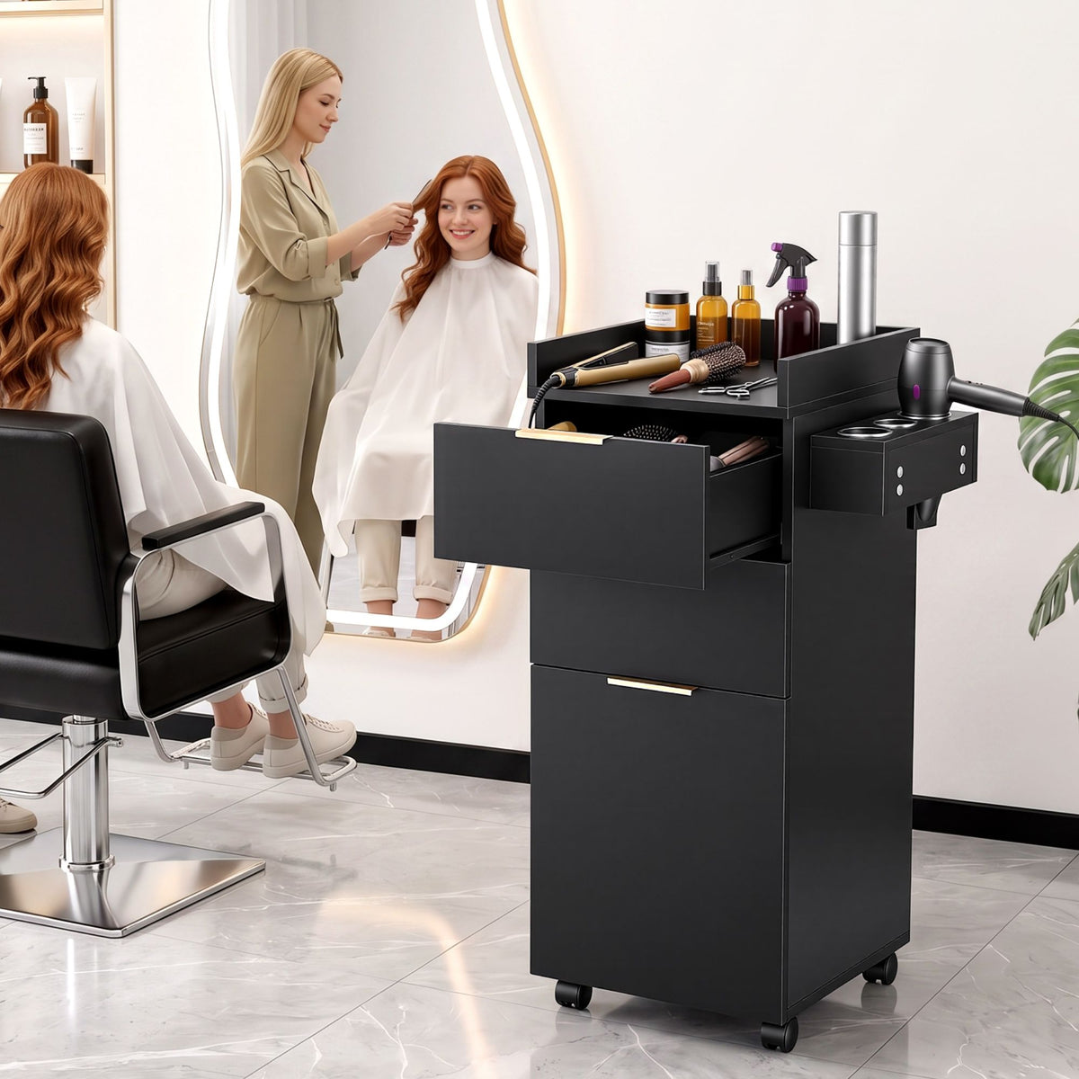 Artiss Professional Salon Station Rolling Cart, Hair Styling Beauty Cabinet with 2 Drawers, Large Supply Cabinet & 3 Appliance Holders, Wood Barber Spa Trolley with 360° Wheels for Skincare & Vanity, Black
