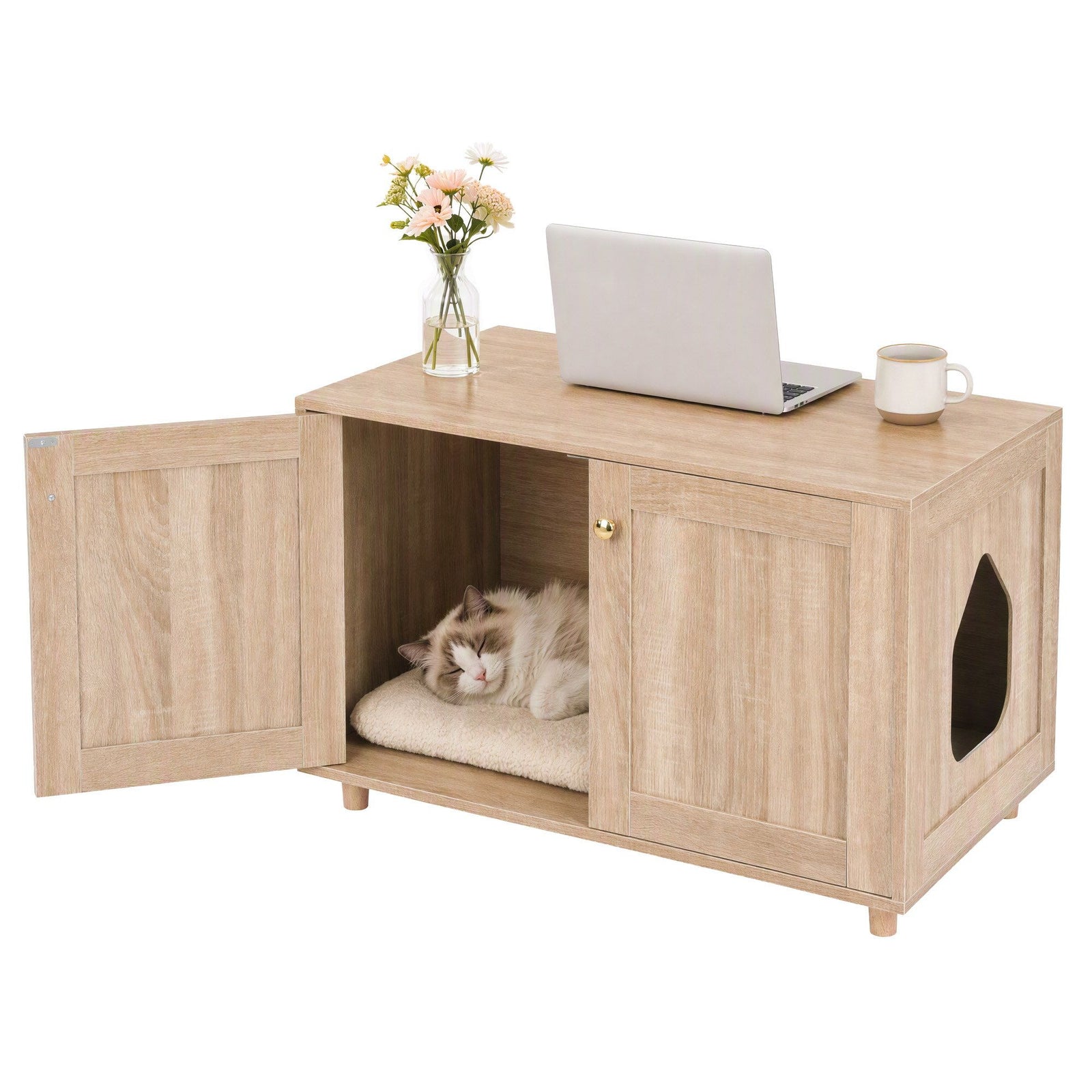 Artiss 2-In-1 Coffee Table Pet Cat House Wooden Side Table Storage Cabinet 80x50x55CM