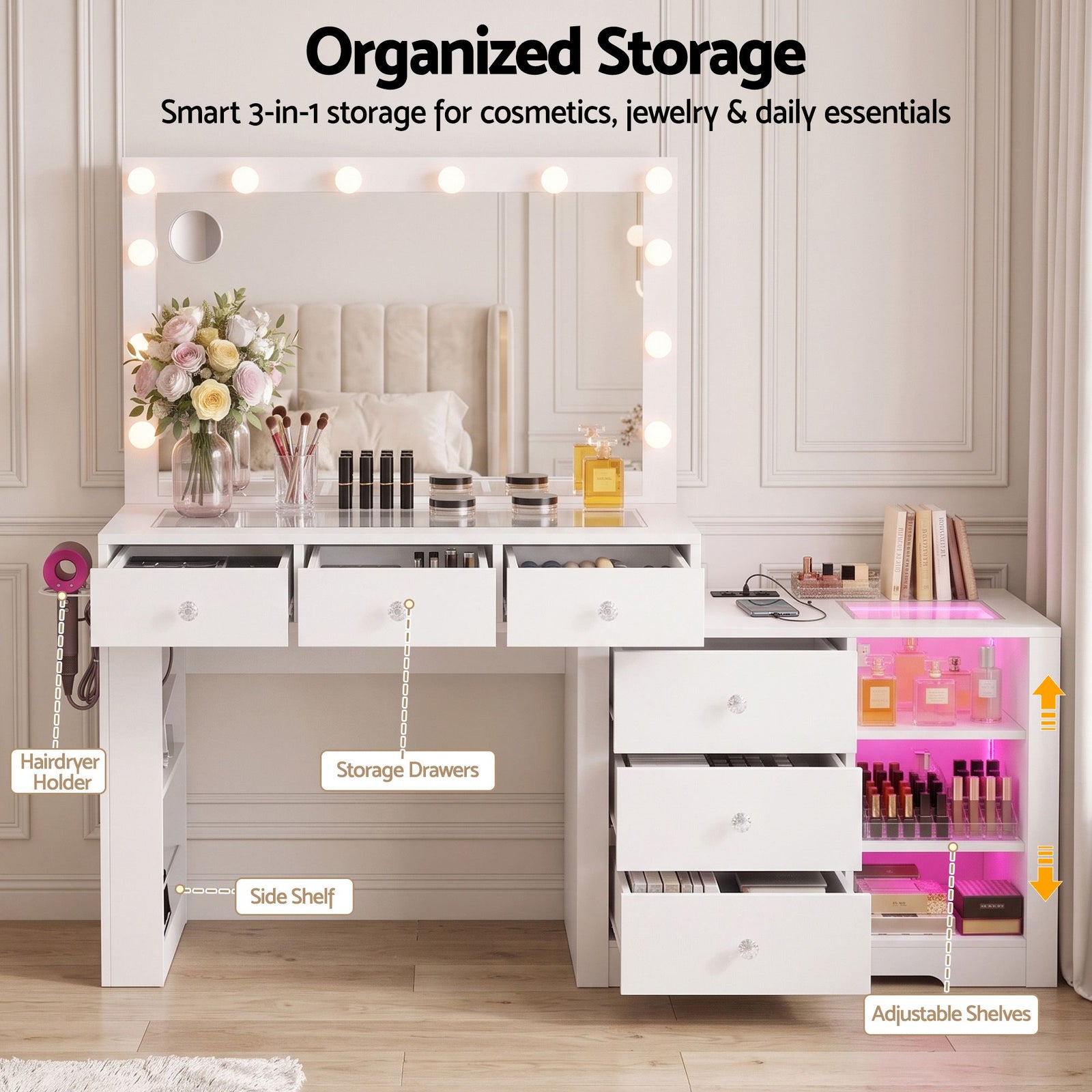 Artiss Dressing Table Mirror Charging Station Glass Top Makeup Vanity Desk RGB Cabinet Storage Drawers Hairdryer Holder White