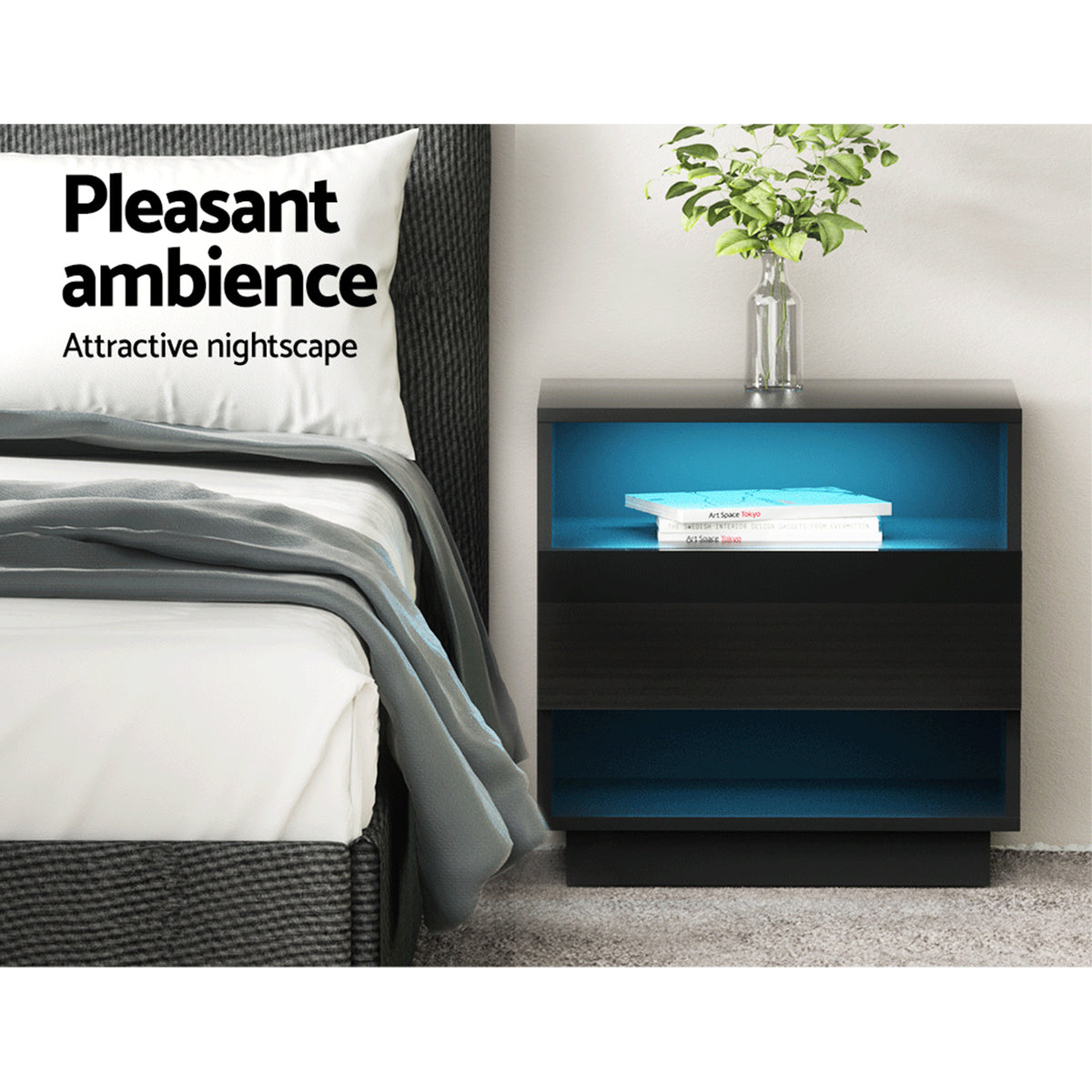 Artiss 2x Bedside Table LED with 2 Shelves - HANA Black