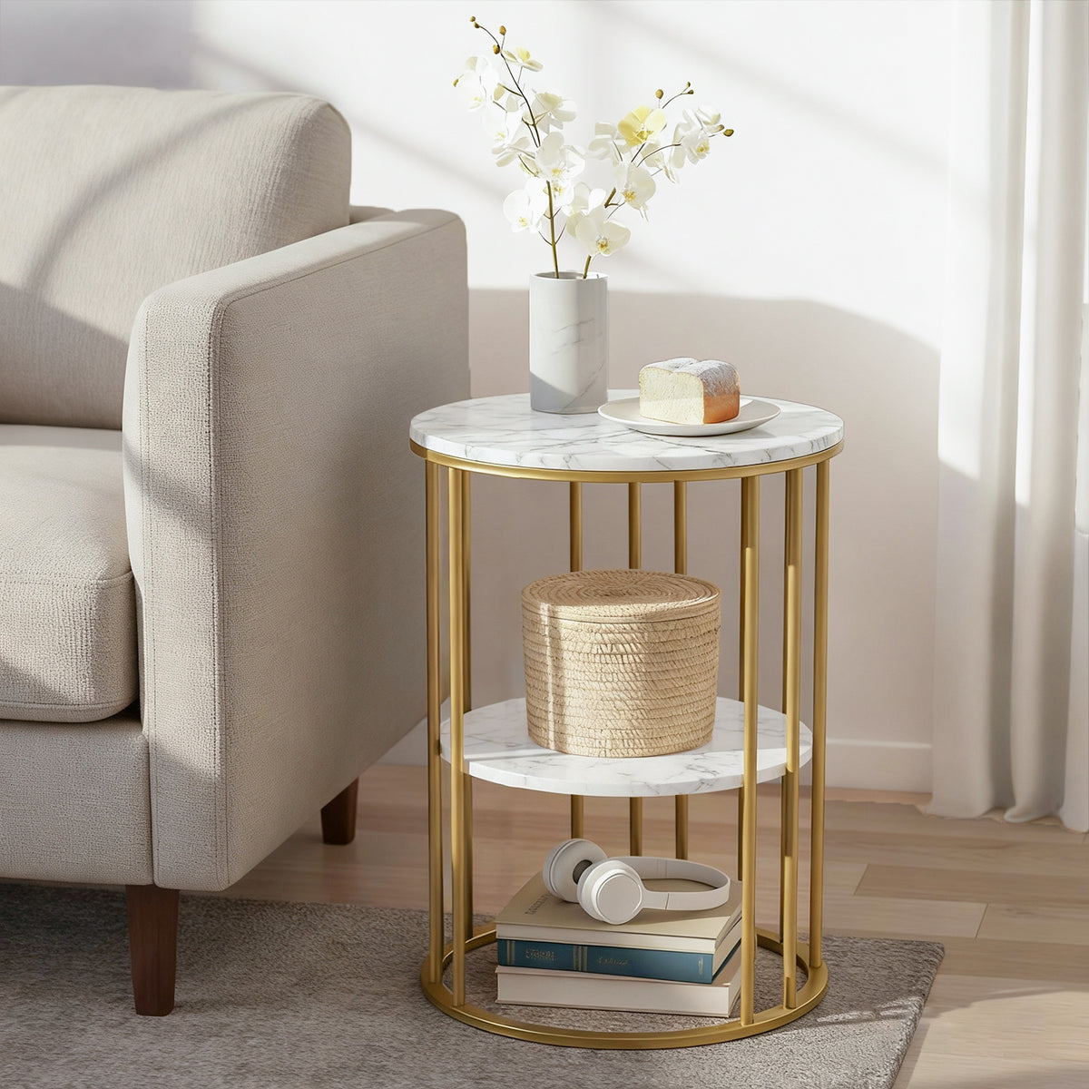 Artiss Coffee Table 2-Tier Round Marble Effect White&amp;Gold