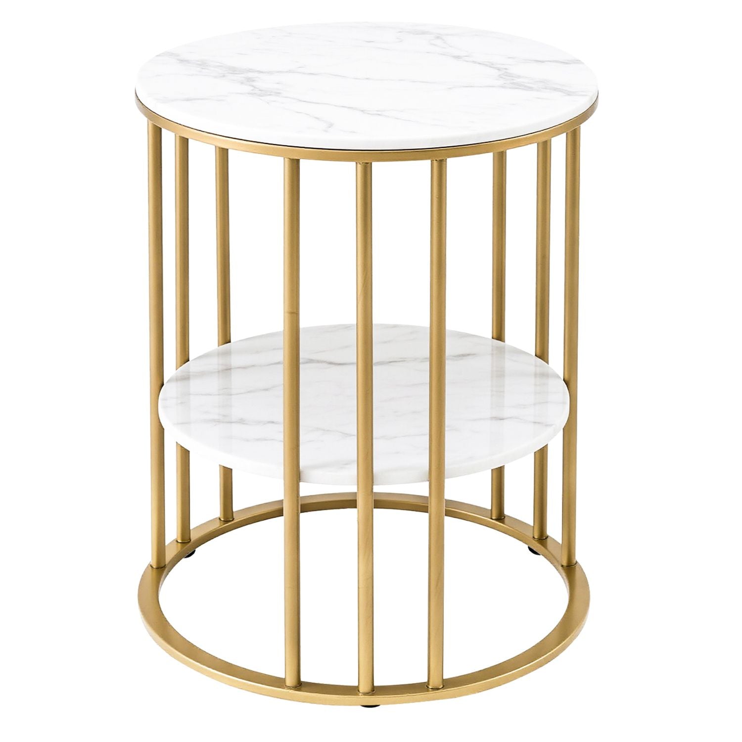 Artiss Side Table Set of 2 Marble Effect Round Coffee Table 2 Tier End Bedside Table Nightstand White&Gold