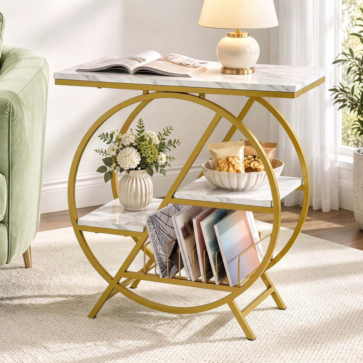Artiss Side Table Marble Finish Coffee Table Nightstand Storage Shelf White&amp;Gold