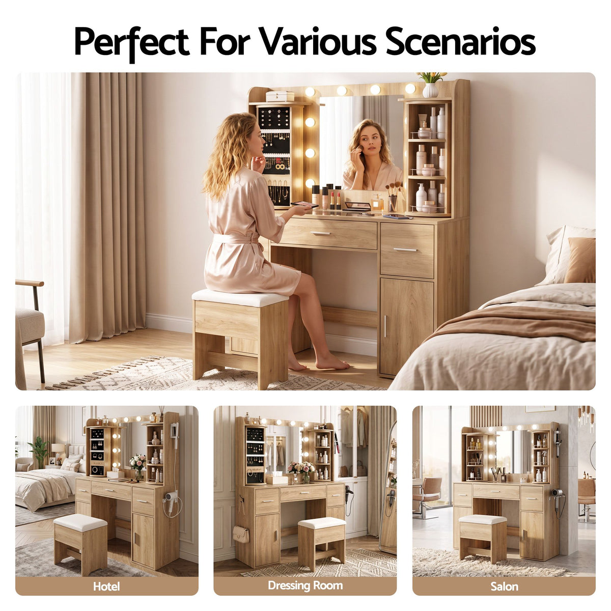 Artiss Dressing Table Vanity Desk LED Mirror Stool Set Charging Station Glass Top Rotating Shelf Wood