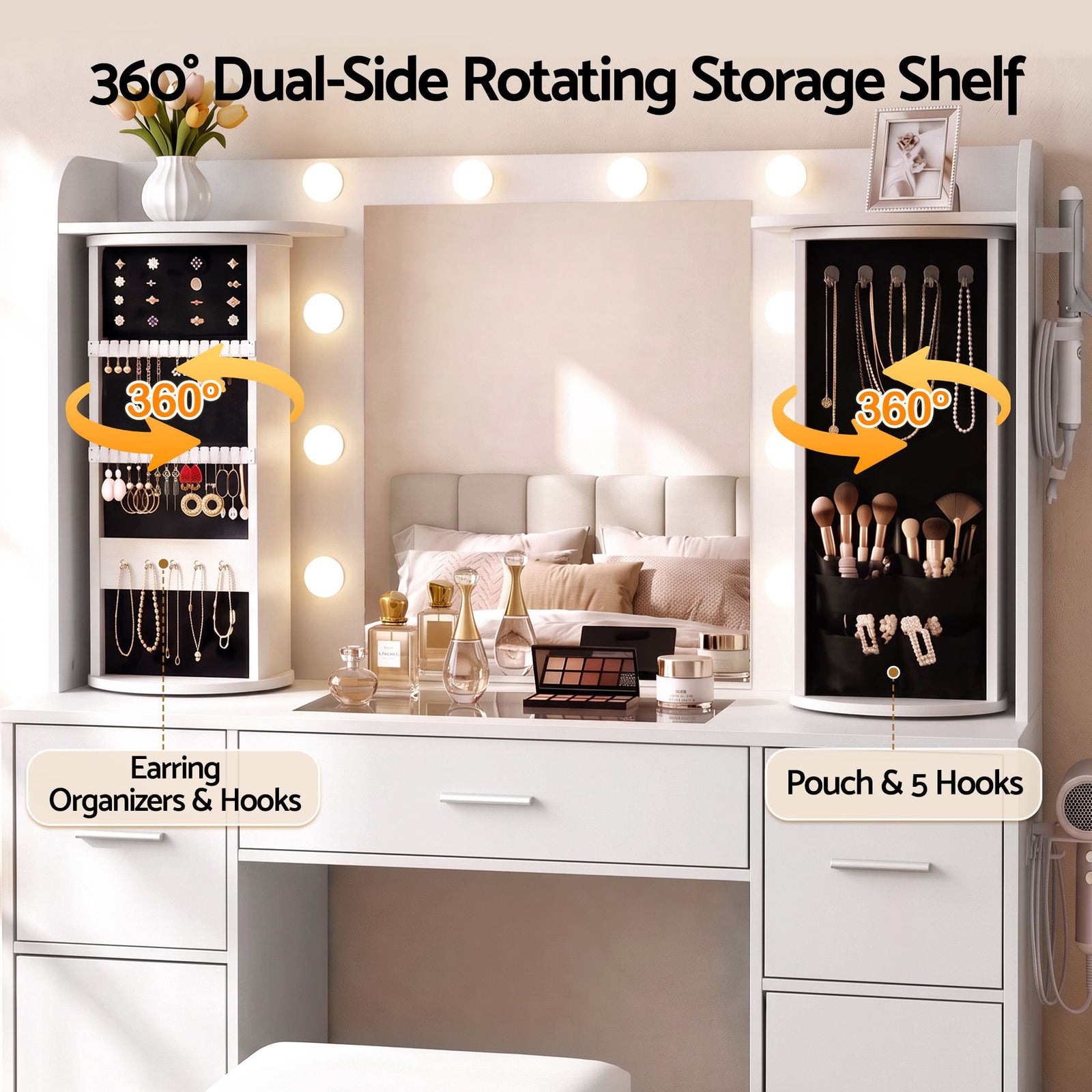 Artiss Dressing Table Vanity Desk LED Mirror Stool Set Charging Station Glass Top Rotating Shelf White