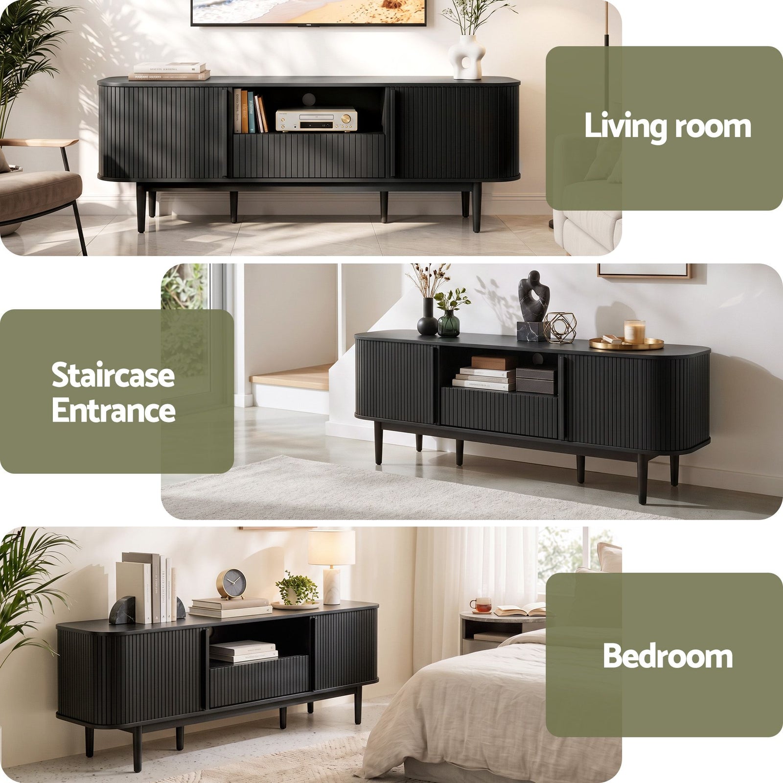 Artiss 160cm TV Unit Storage Drawer Curved Edge Sliding Fluted Style Door Black
