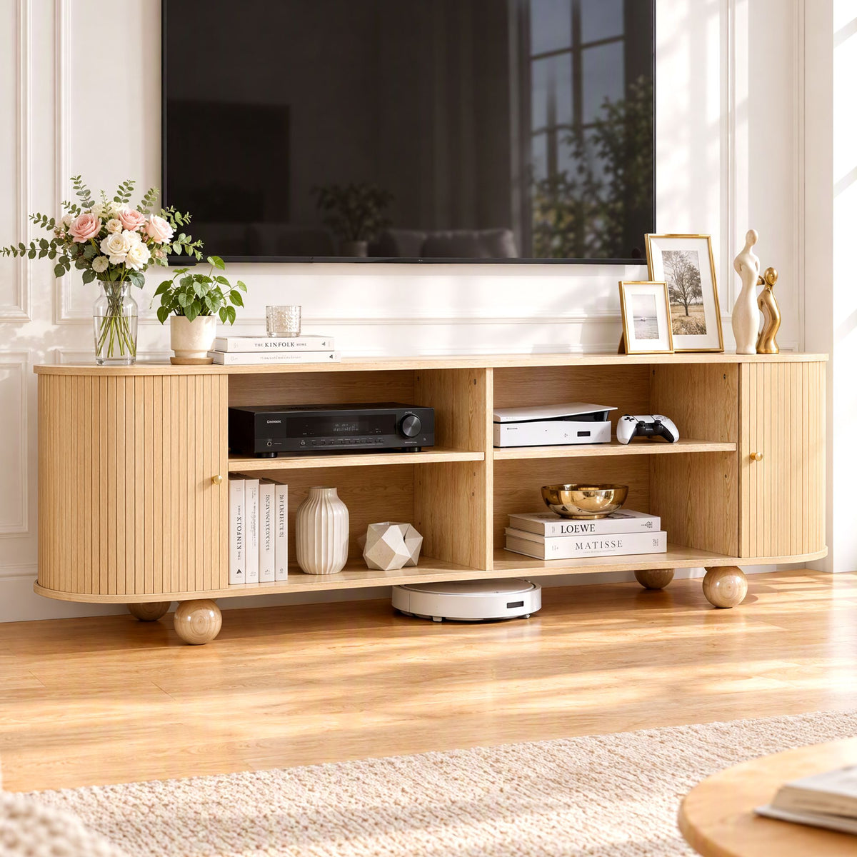 Artiss 180cm TV Unit Storage Shelf Curved Edge Sliding Fluted Style Door Pine