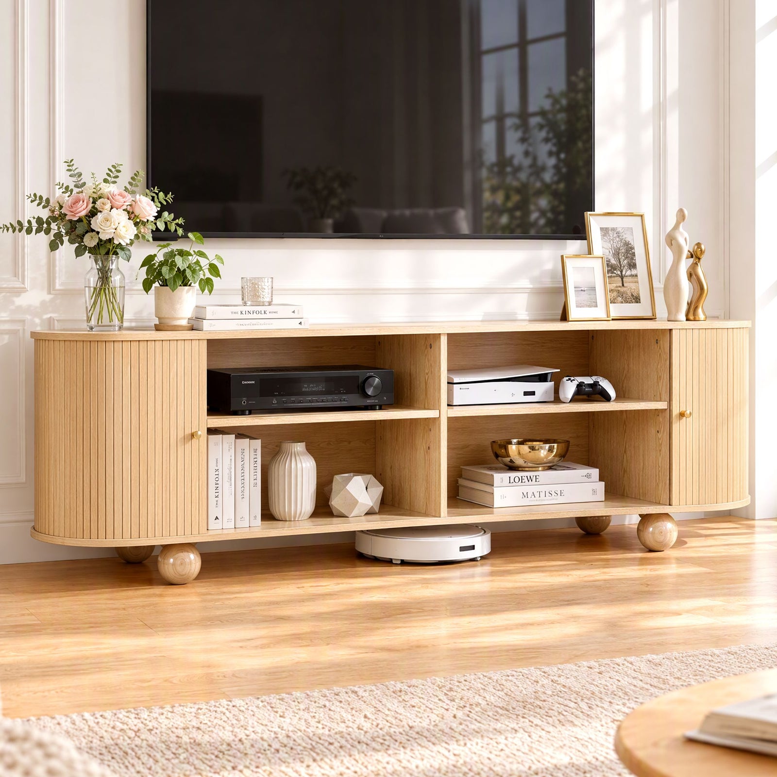 Artiss 180cm TV Unit Storage Shelf Curved Edge Sliding Fluted Style Door Pine