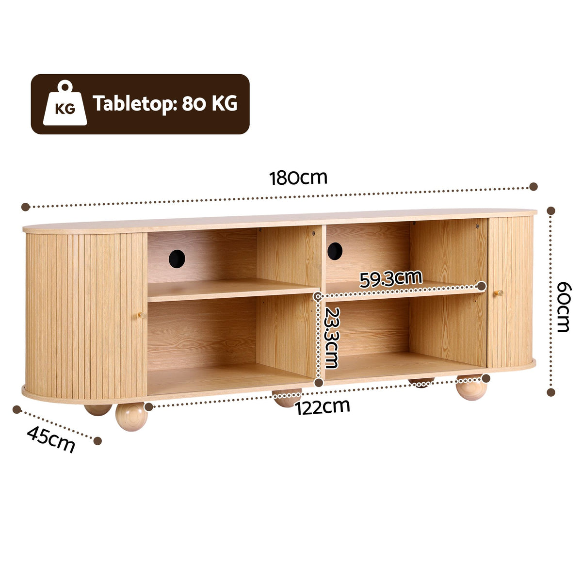 Artiss 180cm TV Unit Storage Shelf Curved Edge Sliding Fluted Style Door Pine