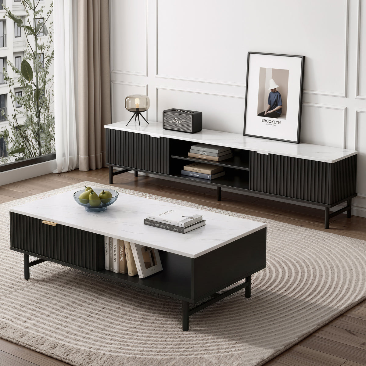 Artiss TV Unit &amp; Coffee Table Set Storage Shelf Black