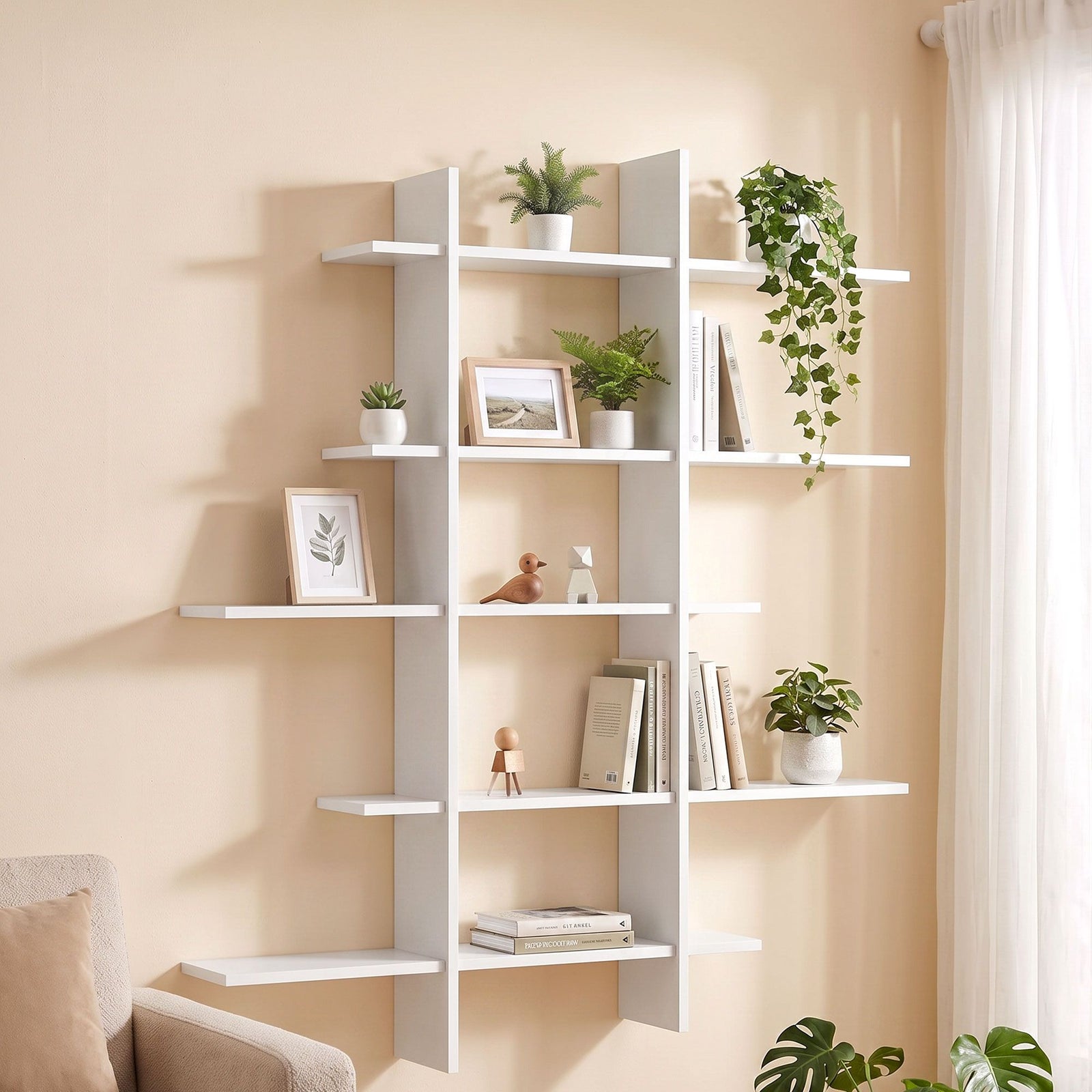 Artiss 15-Section Wall Mounted Display Shelf, Floating Bookshelf for Books and Decor, Extra Thick E1 PB Board for Home Study and Living Room, 116 x 18 x 129 cm