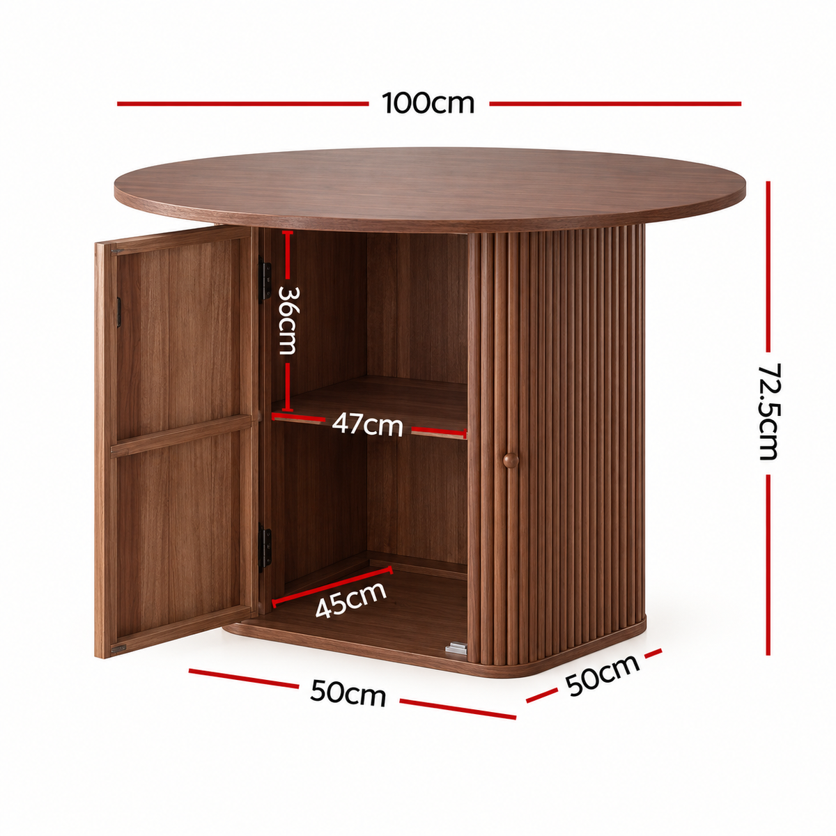 Artiss Modern Round Dining Table with Hidden Storage Base 100cm Dark Walnut