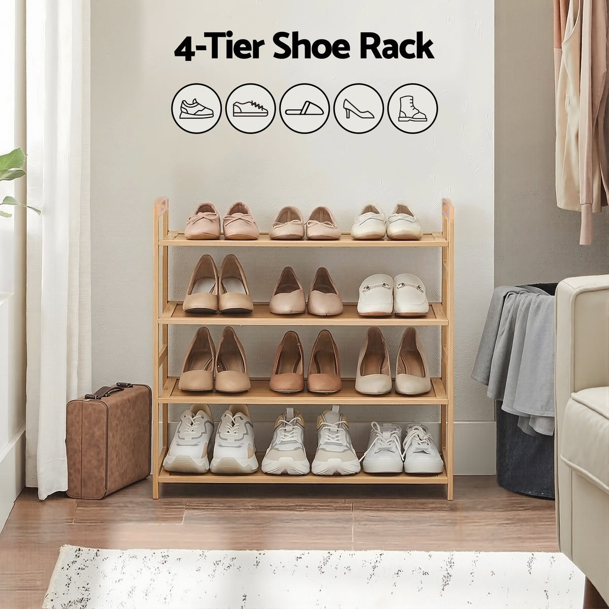 Artiss 4 Tier Shoe Rack Bamboo Storage Organiser Pine